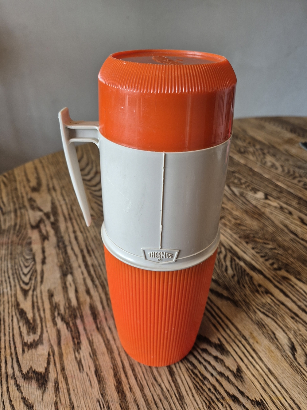 Vintage Thermos Orange and White Insulated Travel Flask with Handle